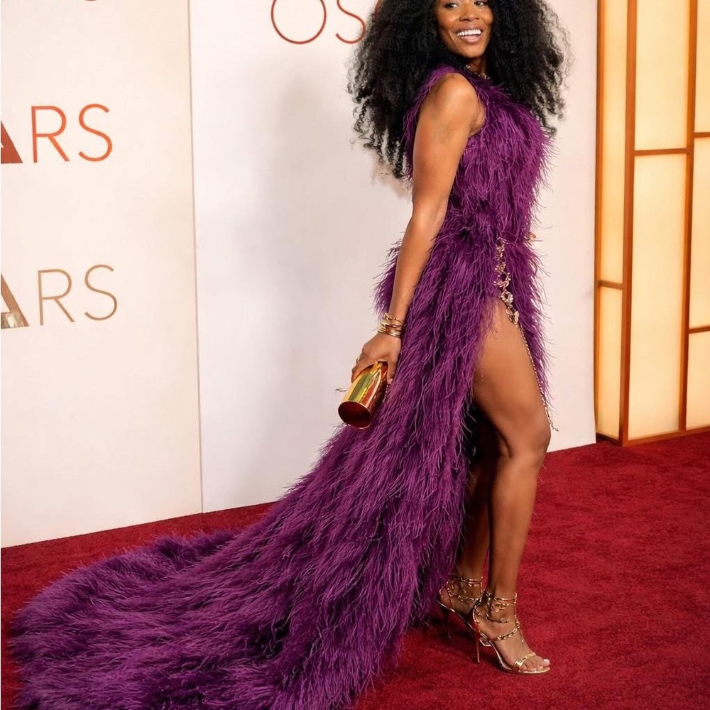 Plum Feather Trim Evening Gown